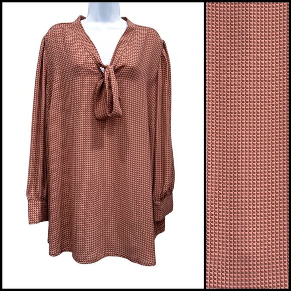 Adrianna Papell Tie Neck Popover Blouse Elegant Dusty Pink Geo Print Plus 2X NWT - Picture 1 of 12